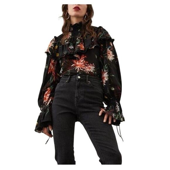 H&M Medium M Frill Ruffle Trimmed Chiffon Blouse Black Floral Smocked High Neck - Picture 1 of 16